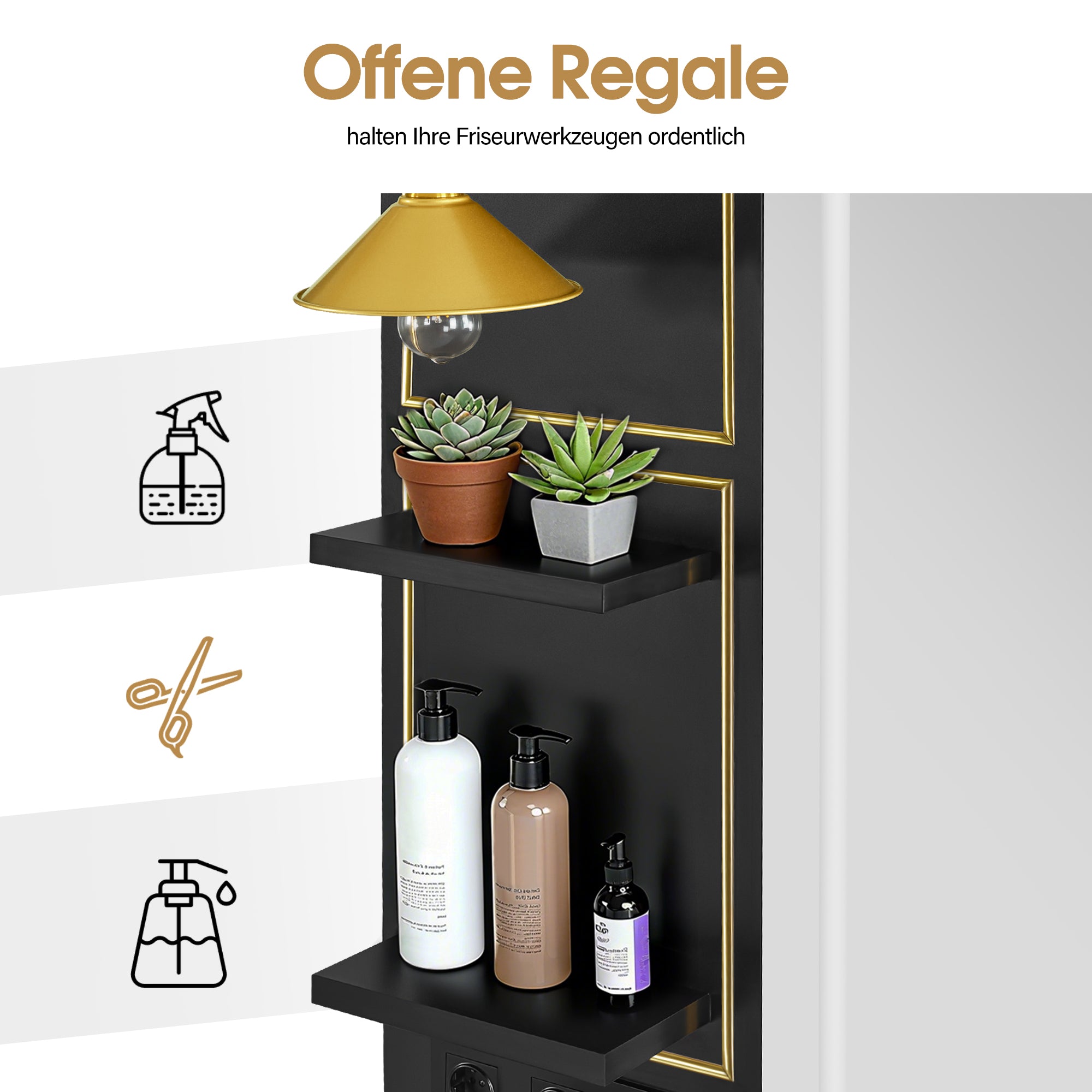 BarberPub Friseurplatz mit 2 Schubladen, Schminktisch mit Spiegel, Bedienungsplatz mit 4 Ablagen & 2 Schränken, Spiegelschrank aus Holz, Spiegeltisch mit Beleuchtung, 3161 (Schwarz-Gold)