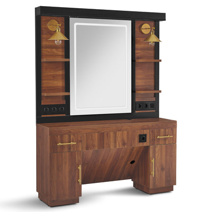 BarberPub Friseurplatz mit 2 Schubladen, Schminktisch mit Spiegel, Bedienungsplatz mit 4 Ablagen & 2 Schränken, Spiegelschrank aus Holz, Spiegeltisch Modern, Friseureinrichtung, 3167 (Braun)