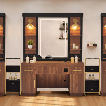 BarberPub Friseurplatz mit 2 Schubladen, Schminktisch mit Spiegel, Bedienungsplatz mit 4 Ablagen & 2 Schränken, Spiegelschrank aus Holz, Spiegeltisch Modern, Friseureinrichtung, 3167 (Braun)