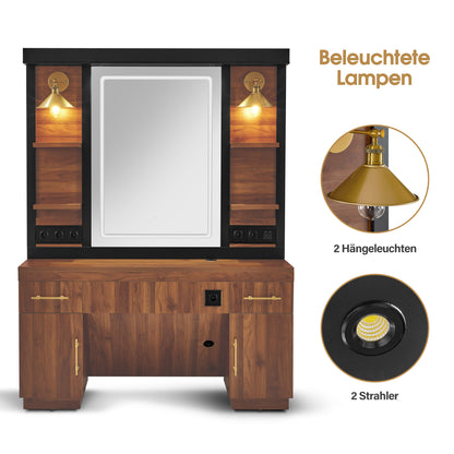 BarberPub Friseurplatz mit 2 Schubladen, Schminktisch mit Spiegel, Bedienungsplatz mit 4 Ablagen & 2 Schränken, Spiegelschrank aus Holz, Spiegeltisch Modern, Friseureinrichtung, 3167 (Braun)