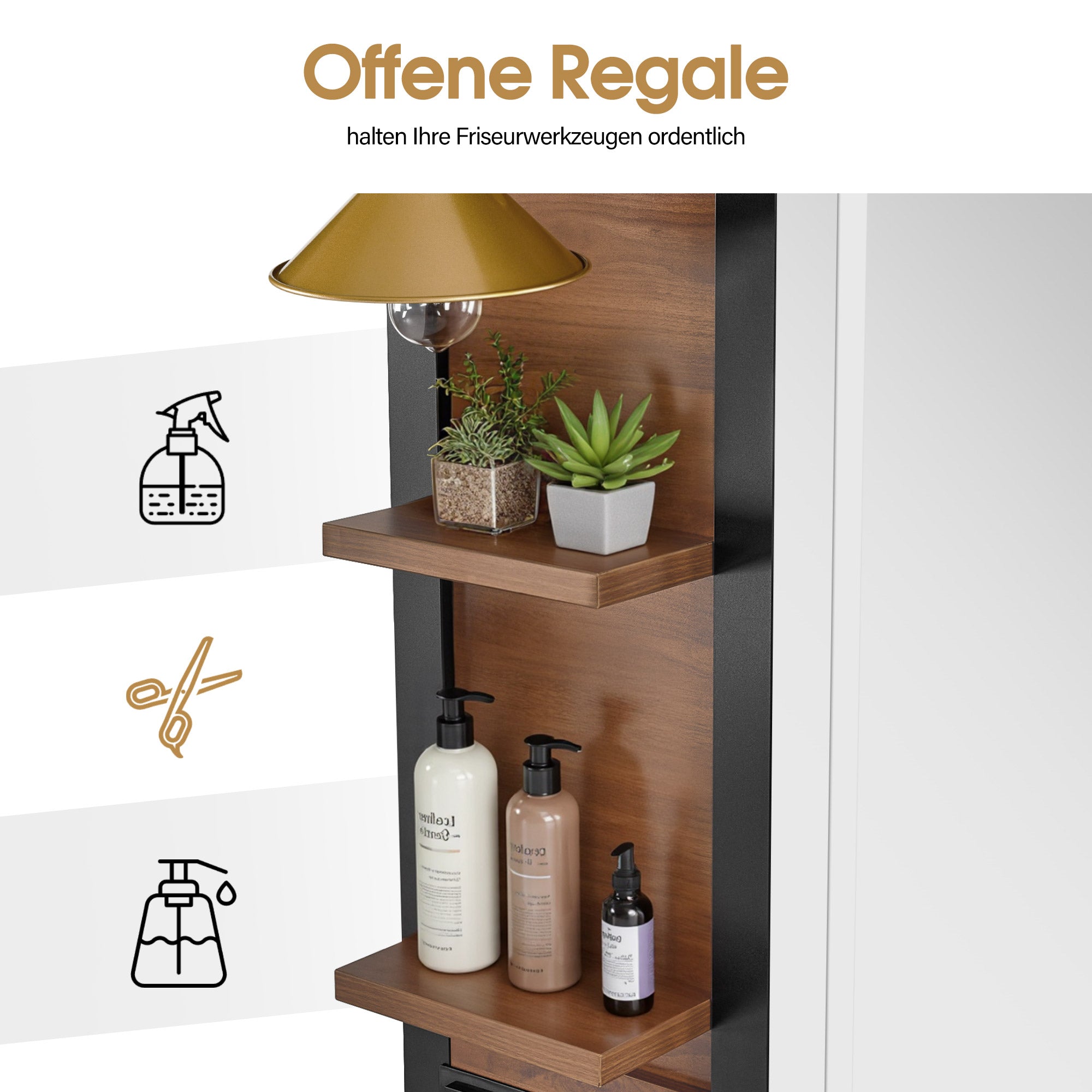 BarberPub Friseurplatz mit 2 Schubladen, Schminktisch mit Spiegel, Bedienungsplatz mit 4 Ablagen & 2 Schränken, Spiegelschrank aus Holz, Spiegeltisch Modern, Friseureinrichtung, 3167 (Braun)