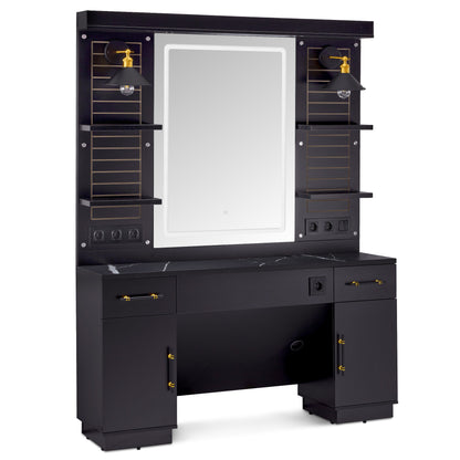 BarberPub Friseurplatz mit 2 Schubladen, Schminktisch mit Spiegel, Bedienungsplatz mit 4 Ablagen & 2 Schränken, Spiegelschrank aus Holz, Spiegeltisch mit Beleuchtung, Friseureinrichtung, 3169 (Schwarz)