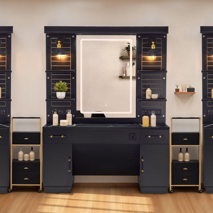 BarberPub Friseurplatz mit 2 Schubladen, Schminktisch mit Spiegel, Bedienungsplatz mit 4 Ablagen & 2 Schränken, Spiegelschrank aus Holz, Spiegeltisch mit Beleuchtung, Friseureinrichtung, 3169 (Schwarz)