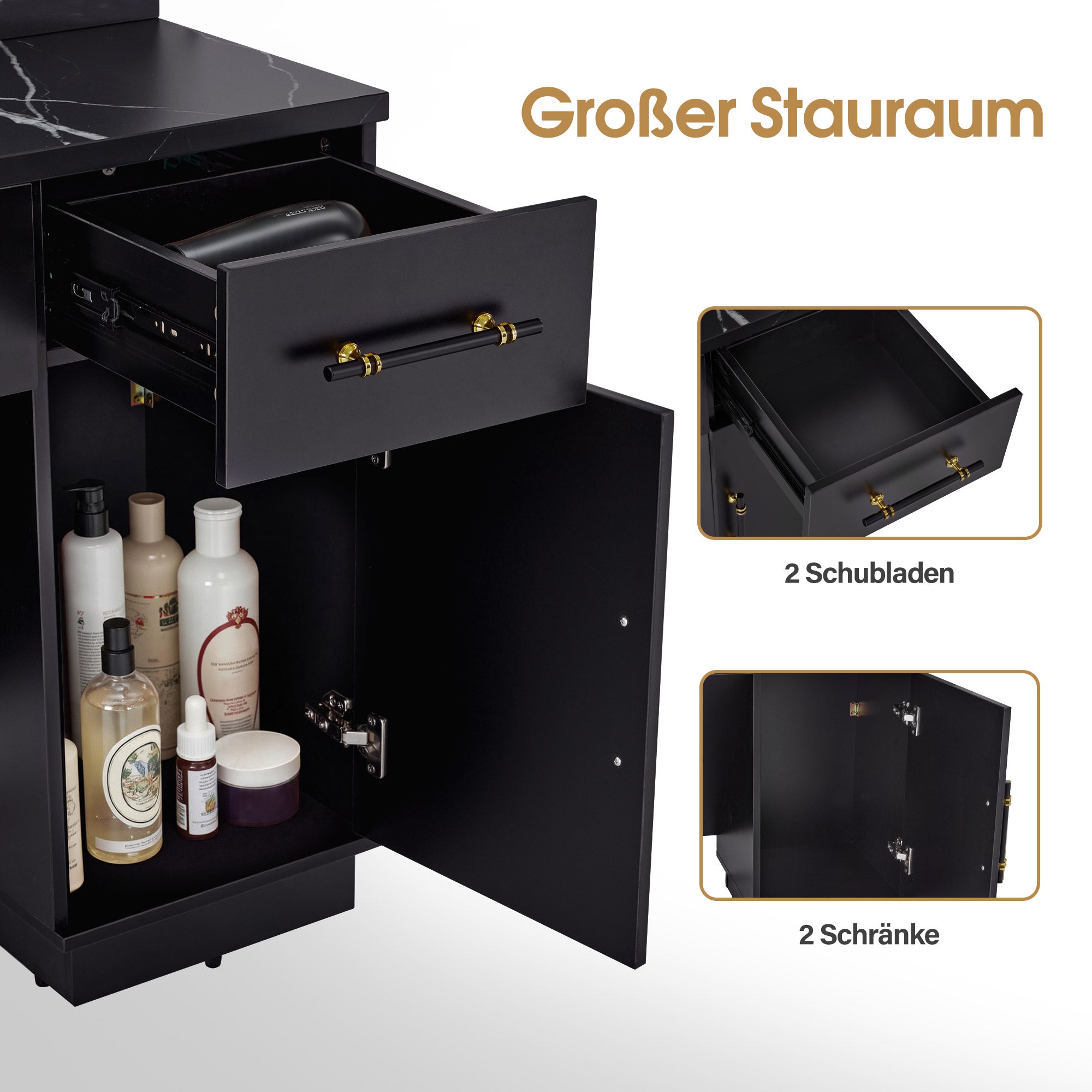 BarberPub Friseurplatz mit 2 Schubladen, Schminktisch mit Spiegel, Bedienungsplatz mit 4 Ablagen & 2 Schränken, Spiegelschrank aus Holz, Spiegeltisch mit Beleuchtung, Friseureinrichtung, 3169 (Schwarz)