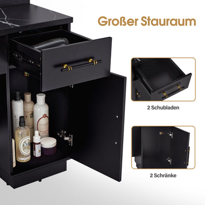 BarberPub Friseurplatz mit 2 Schubladen, Schminktisch mit Spiegel, Bedienungsplatz mit 4 Ablagen & 2 Schränken, Spiegelschrank aus Holz, Spiegeltisch mit Beleuchtung, Friseureinrichtung, 3169 (Schwarz)