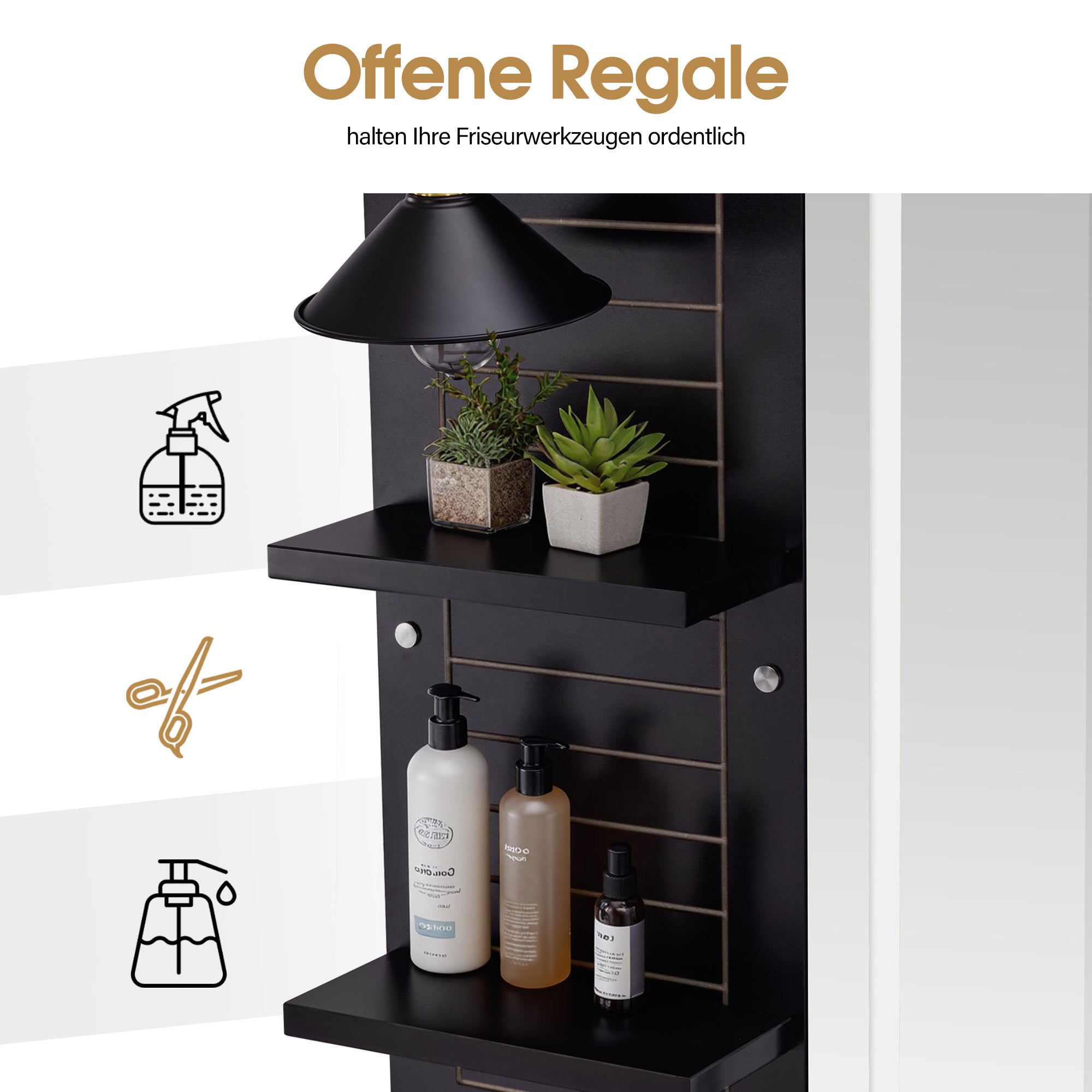 BarberPub Friseurplatz mit 2 Schubladen, Schminktisch mit Spiegel, Bedienungsplatz mit 4 Ablagen & 2 Schränken, Spiegelschrank aus Holz, Spiegeltisch mit Beleuchtung, Friseureinrichtung, 3169 (Schwarz)