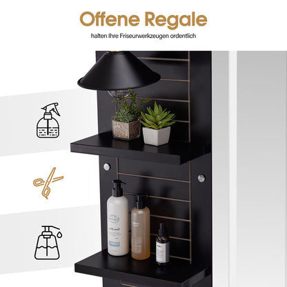 BarberPub Friseurplatz mit 2 Schubladen, Schminktisch mit Spiegel, Bedienungsplatz mit 4 Ablagen & 2 Schränken, Spiegelschrank aus Holz, Spiegeltisch mit Beleuchtung, Friseureinrichtung, 3169 (Schwarz)