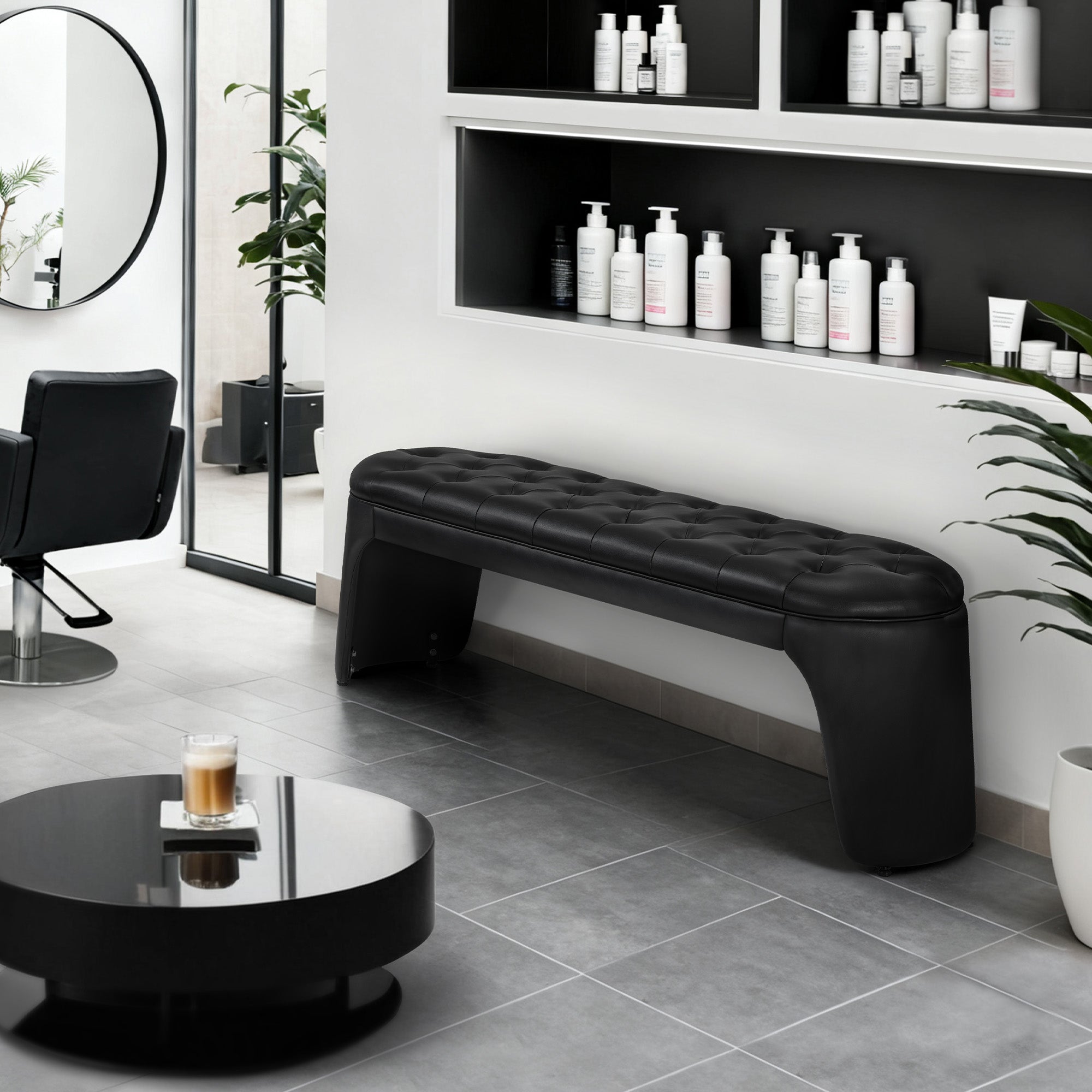 BarberPub 3-Sitzer Sitzbank für Friseursalon, Sitzbreite 150 cm, Moderne Wartebank Friseur, Polsterbank Schlafzimmer, Bettbank für Wohnzimmer, Flurbank Friseureinrichtung W510 (Schwarz/Kunstleder)