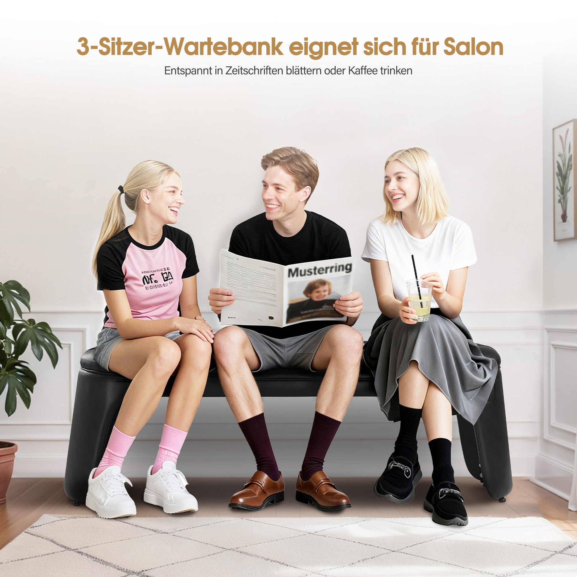 BarberPub 3-Sitzer Sitzbank für Friseursalon, Sitzbreite 150 cm, Moderne Wartebank Friseur, Polsterbank Schlafzimmer, Bettbank für Wohnzimmer, Flurbank Friseureinrichtung W510 (Schwarz/Kunstleder)