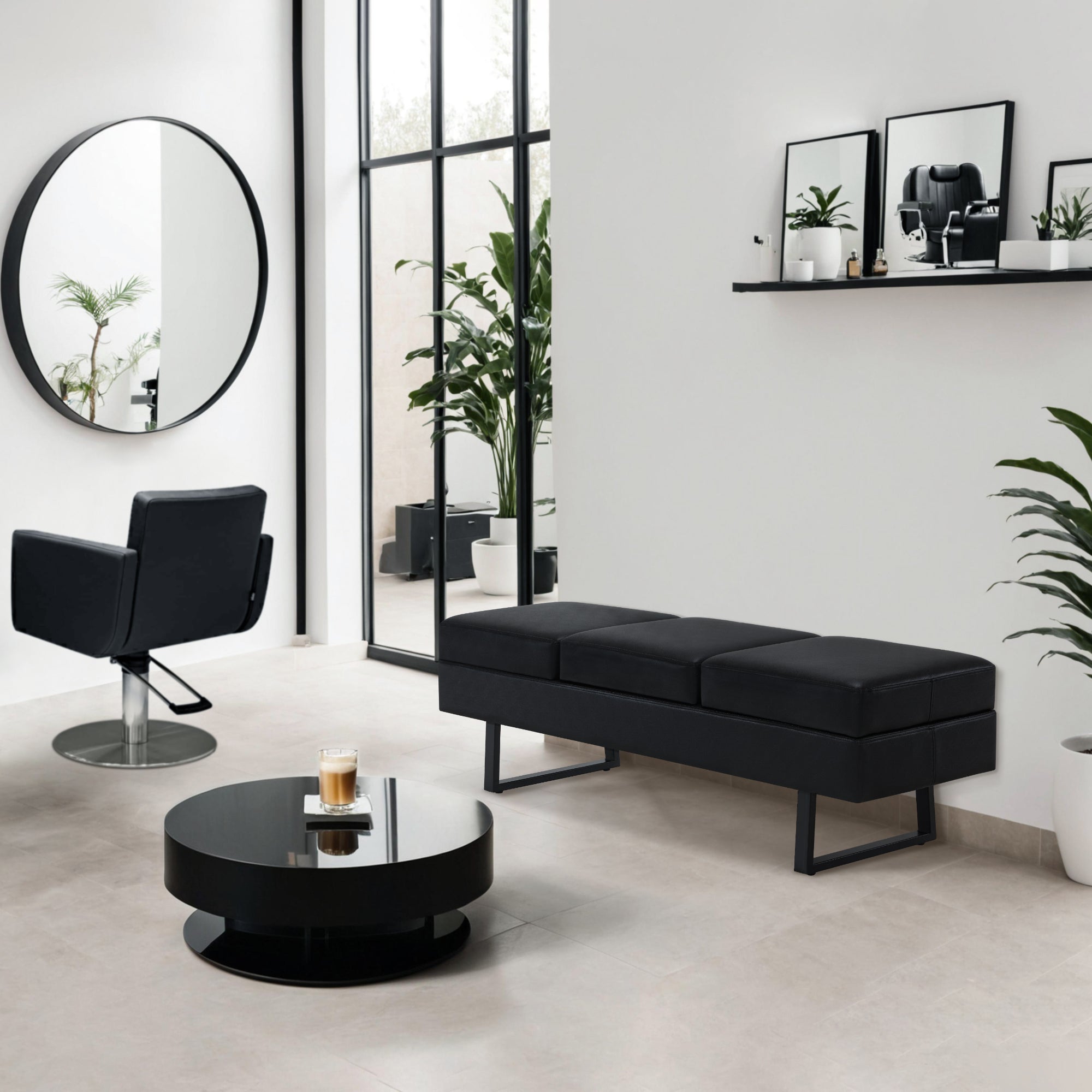 BarberPub 3-Sitzer Sitzbank für Friseursalon, Breite 153 cm, Wartebank Friseur, Polsterbank Schlafzimmer, Bettbank für Wohnzimmer, Schuhbank Flurbank, W513 (Schwarz/Kunstleder)