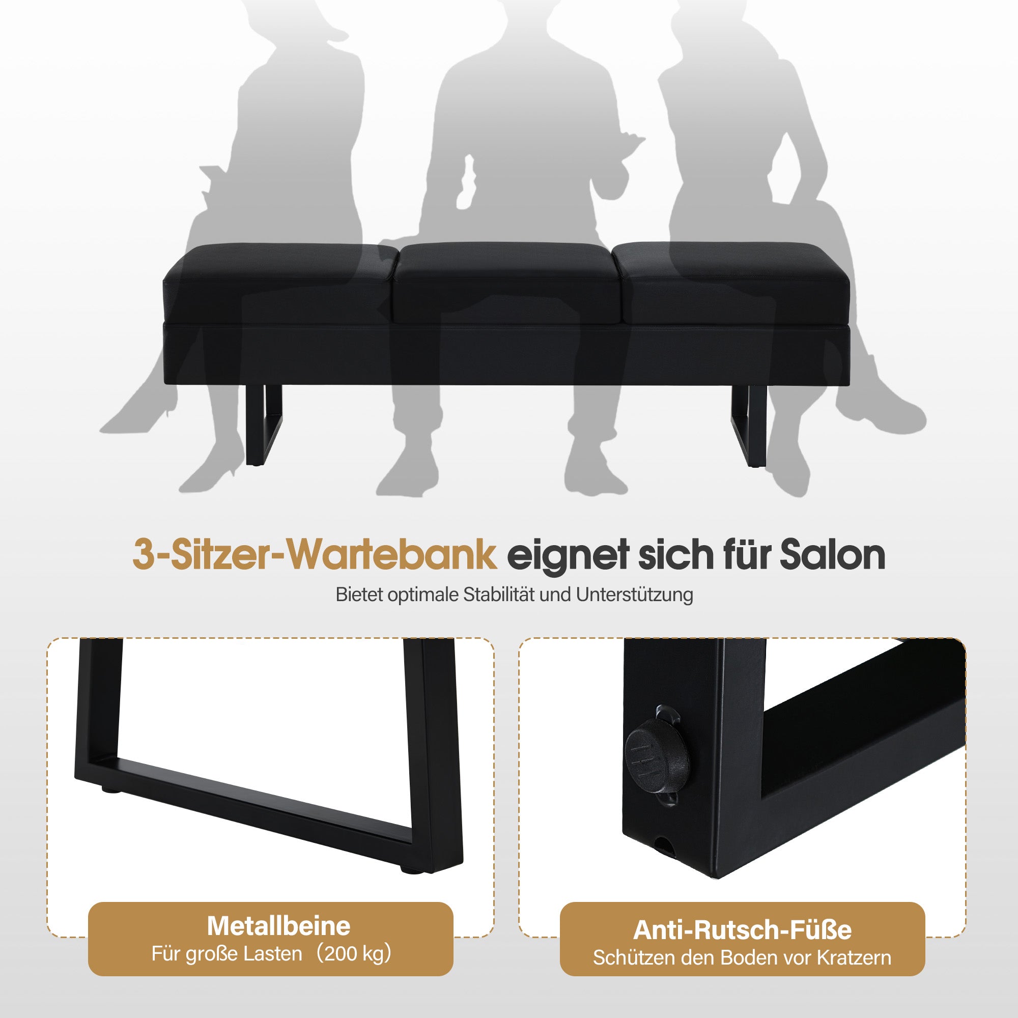 BarberPub 3-Sitzer Sitzbank für Friseursalon, Breite 153 cm, Wartebank Friseur, Polsterbank Schlafzimmer, Bettbank für Wohnzimmer, Schuhbank Flurbank, W513 (Schwarz/Kunstleder)
