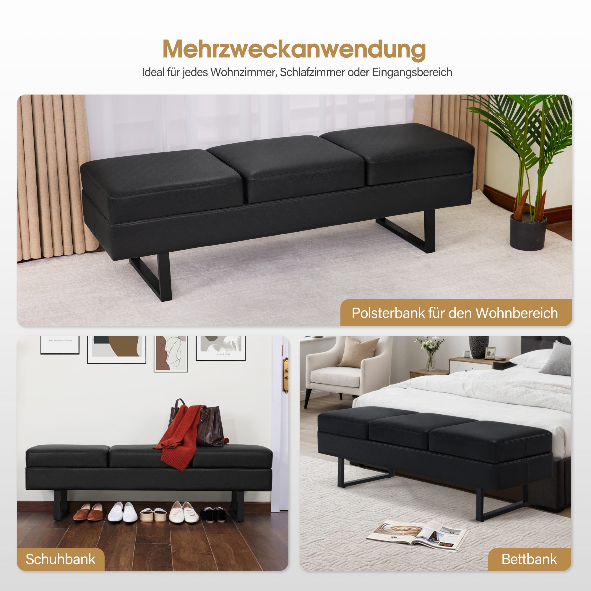 BarberPub 3-Sitzer Sitzbank für Friseursalon, Breite 153 cm, Wartebank Friseur, Polsterbank Schlafzimmer, Bettbank für Wohnzimmer, Schuhbank Flurbank, W513 (Schwarz/Kunstleder)