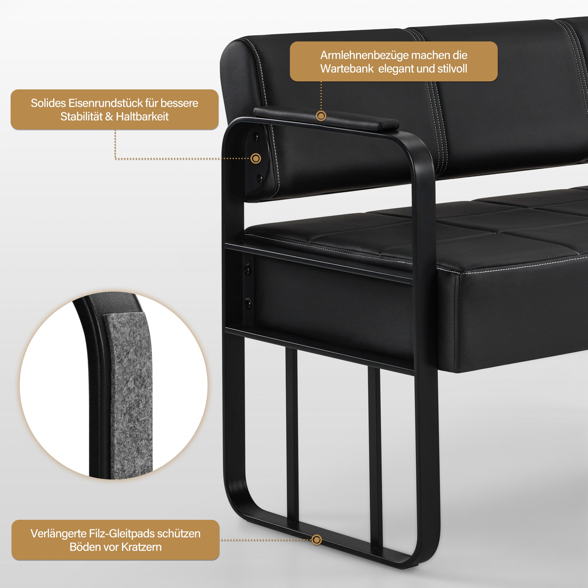 Banquette BarberPub 3 places avec accoudoirs dorés, banquette rembourrée avec dossier 140 cm, banquette d'attente coiffeur, banquette de salon, meuble de coiffure L528 (noir-or/simili cuir)