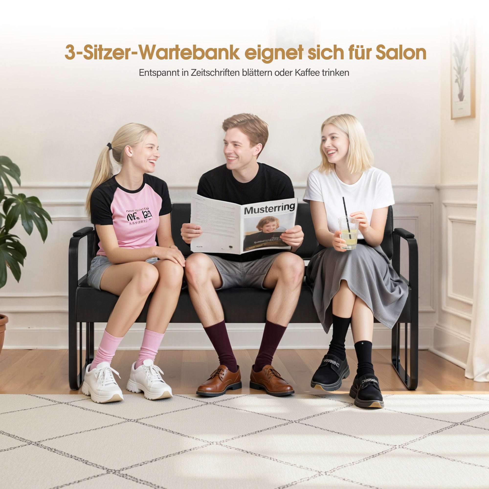 Banquette BarberPub 3 places avec accoudoirs dorés, banquette rembourrée avec dossier 140 cm, banquette d'attente coiffeur, banquette de salon, meuble de coiffure L528 (noir-or/simili cuir)