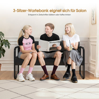 Banquette BarberPub 3 places avec accoudoirs dorés, banquette rembourrée avec dossier 140 cm, banquette d'attente coiffeur, banquette de salon, meuble de coiffure L528 (noir-or/simili cuir)