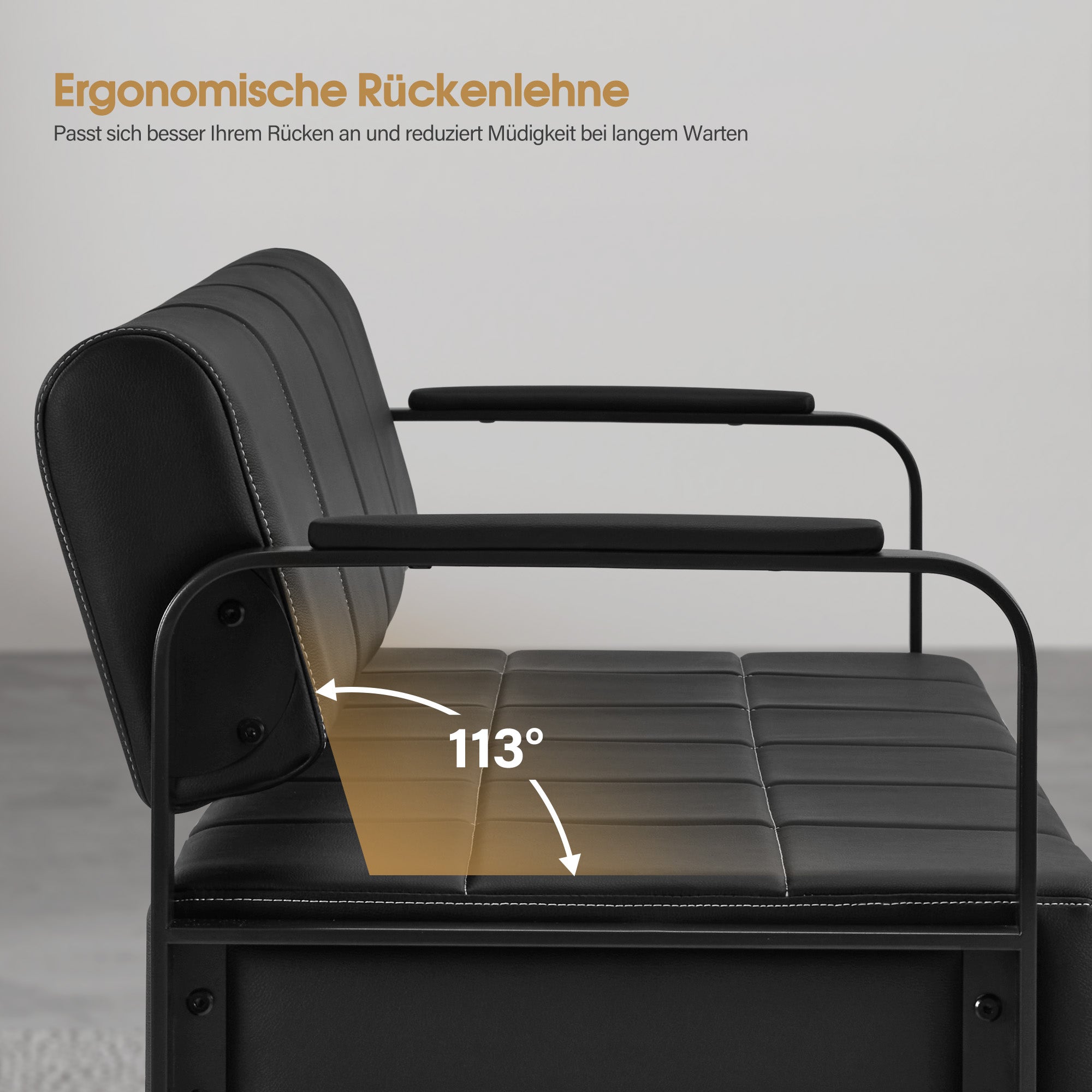 Banquette BarberPub 3 places avec accoudoirs dorés, banquette rembourrée avec dossier 140 cm, banquette d'attente coiffeur, banquette de salon, meuble de coiffure L528 (noir-or/simili cuir)