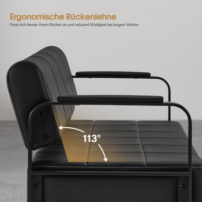 Banquette BarberPub 3 places avec accoudoirs dorés, banquette rembourrée avec dossier 140 cm, banquette d'attente coiffeur, banquette de salon, meuble de coiffure L528 (noir-or/simili cuir)