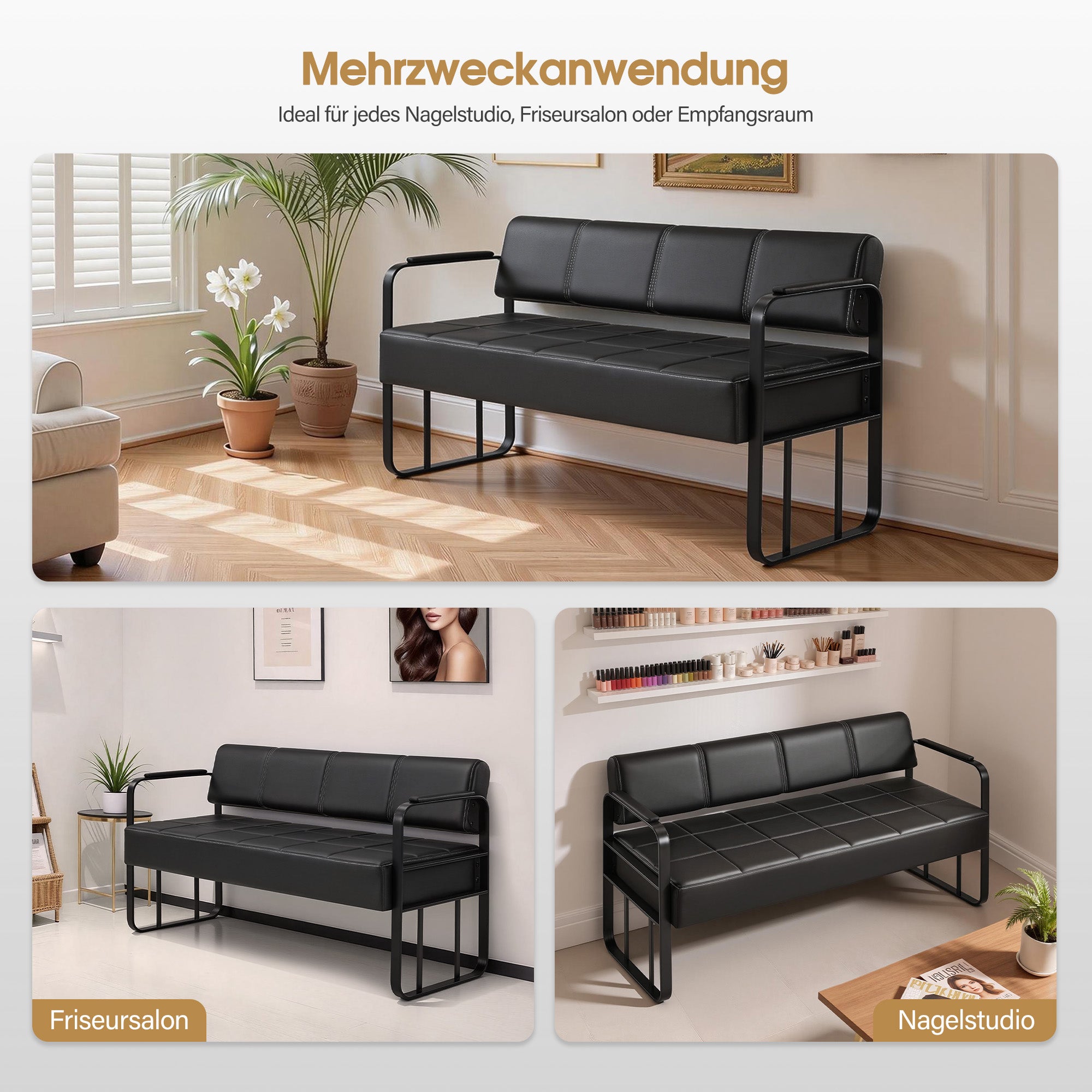 Banquette BarberPub 3 places avec accoudoirs dorés, banquette rembourrée avec dossier 140 cm, banquette d'attente coiffeur, banquette de salon, meuble de coiffure L528 (noir-or/simili cuir)