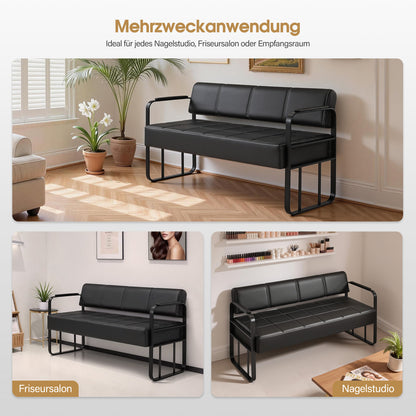 Banquette BarberPub 3 places avec accoudoirs dorés, banquette rembourrée avec dossier 140 cm, banquette d'attente coiffeur, banquette de salon, meuble de coiffure L528 (noir-or/simili cuir)