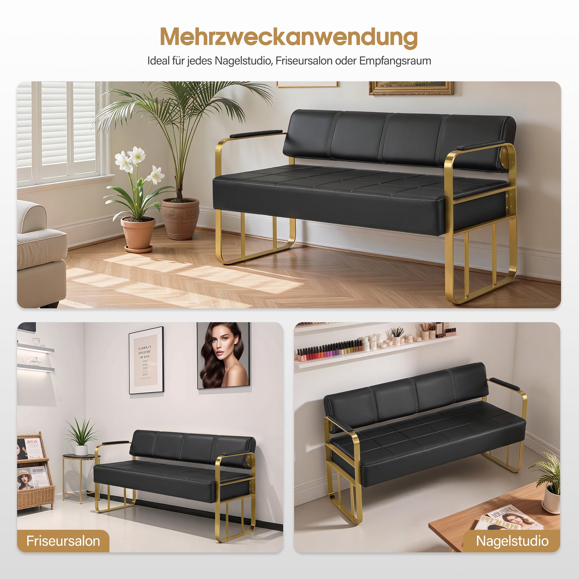 Barberpub 3-Sitzer Sitzbank mit Armlehnen, Polsterbank mit Rückenlehn Wartebank Friseur, Wohnzimmerbank, Friseureinrichtung W528