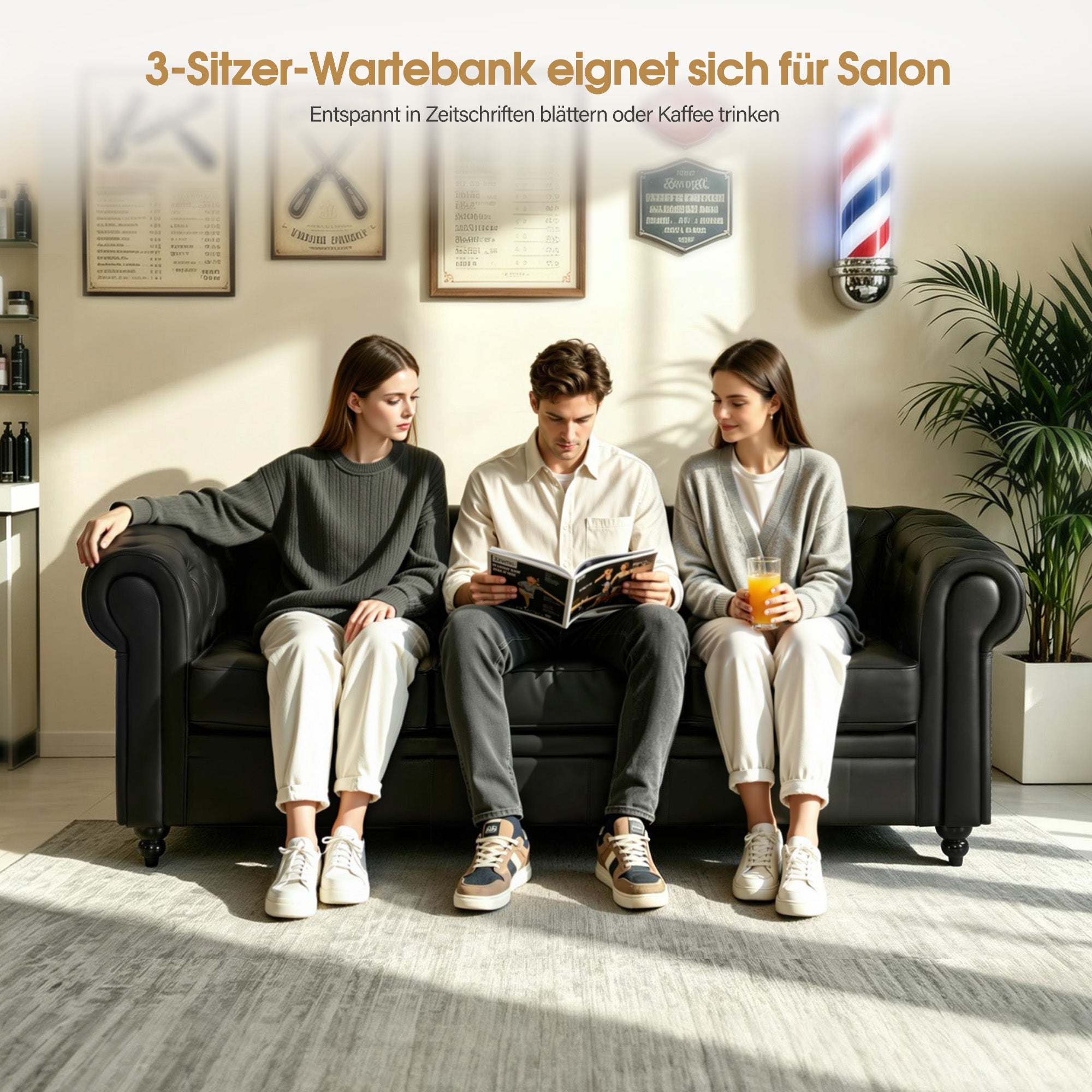 BarberPub Chesterfield Sofa 3-Sitzer 208cm, Wartebank Friseur Vintage, Sitzbank mit Rückenlehne & Armlehne Couch 3-er, Friseureinrichtung Klassisch W536