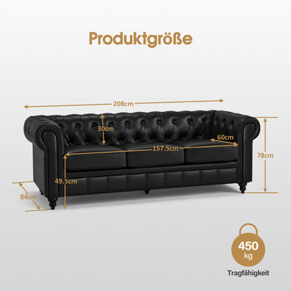 BarberPub Chesterfield Sofa 3-Seater 208cm, Vintage Waiting Bench for Hairdressers, Bench with Backrest & Armrest, 3-Seater Sofa, Classic Salon Furniture W536