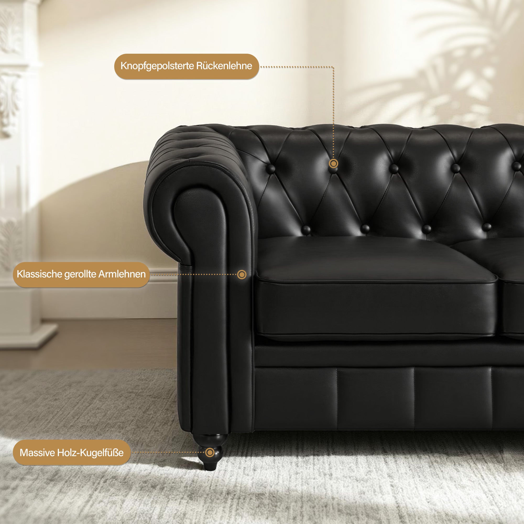 BarberPub Chesterfield Sofa 3-Seater 208cm, Vintage Waiting Bench for Hairdressers, Bench with Backrest & Armrest, 3-Seater Sofa, Classic Salon Furniture W536