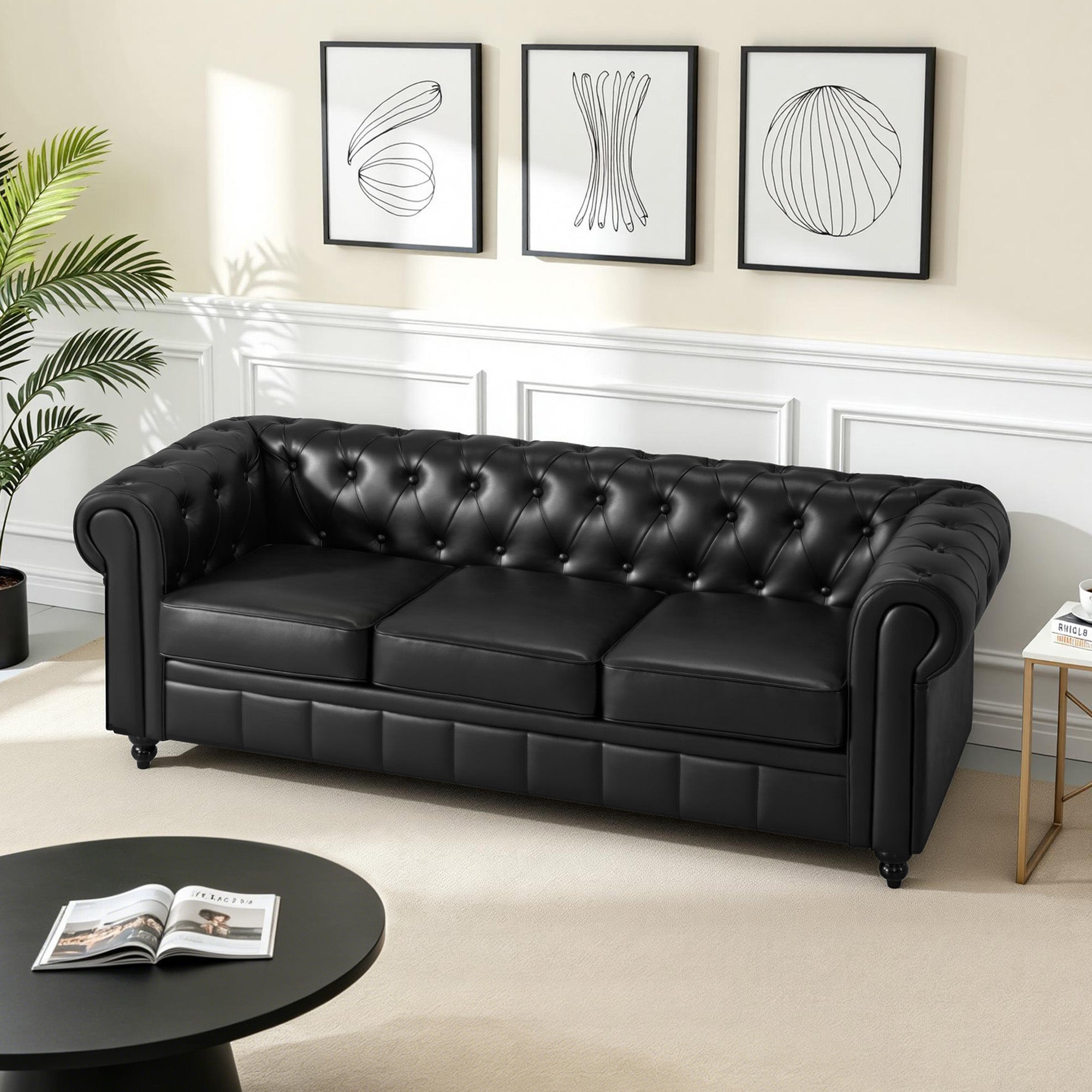 BarberPub Chesterfield Sofa 3-Seater 208cm, Vintage Waiting Bench for Hairdressers, Bench with Backrest & Armrest, 3-Seater Sofa, Classic Salon Furniture W536