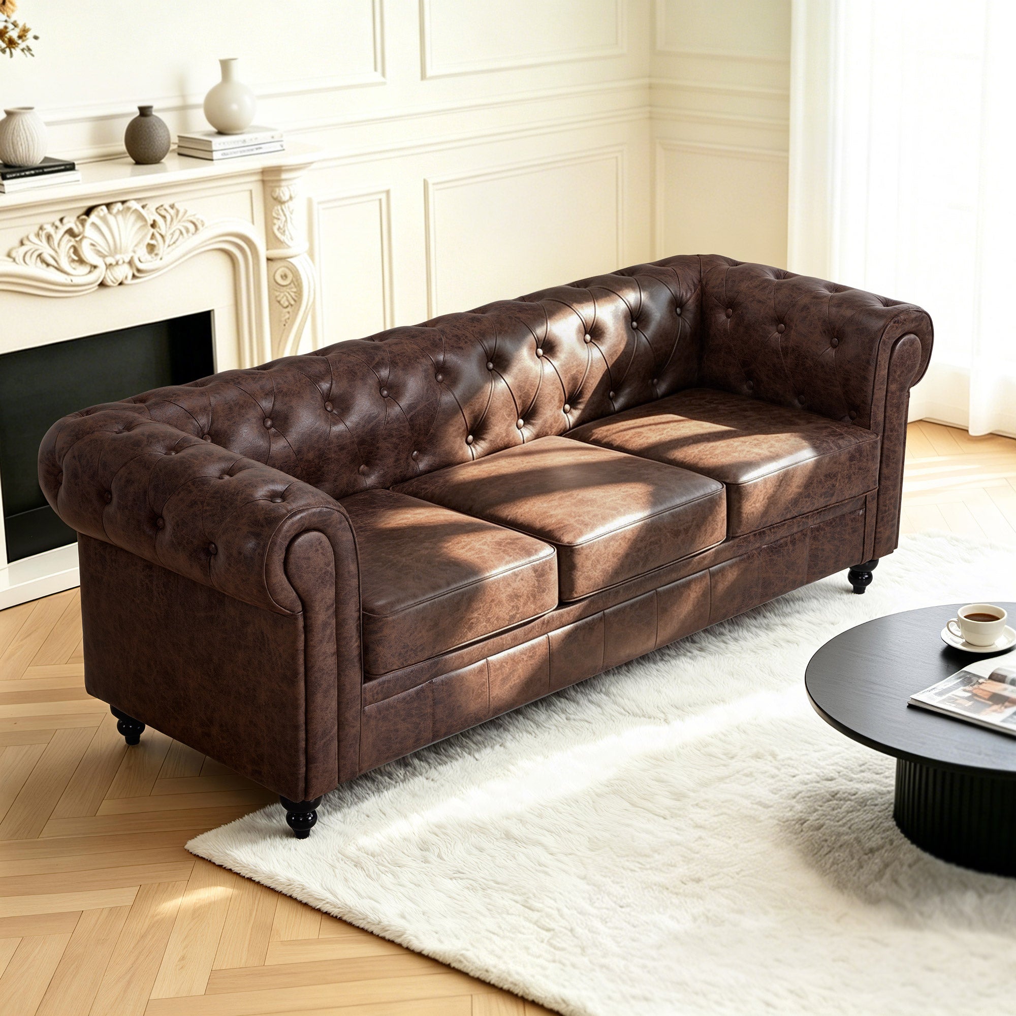 BarberPub Chesterfield Sofa 3-Seater 208cm, Vintage Waiting Bench for Hairdressers, Bench with Backrest & Armrest, 3-Seater Sofa, Classic Salon Furniture W536