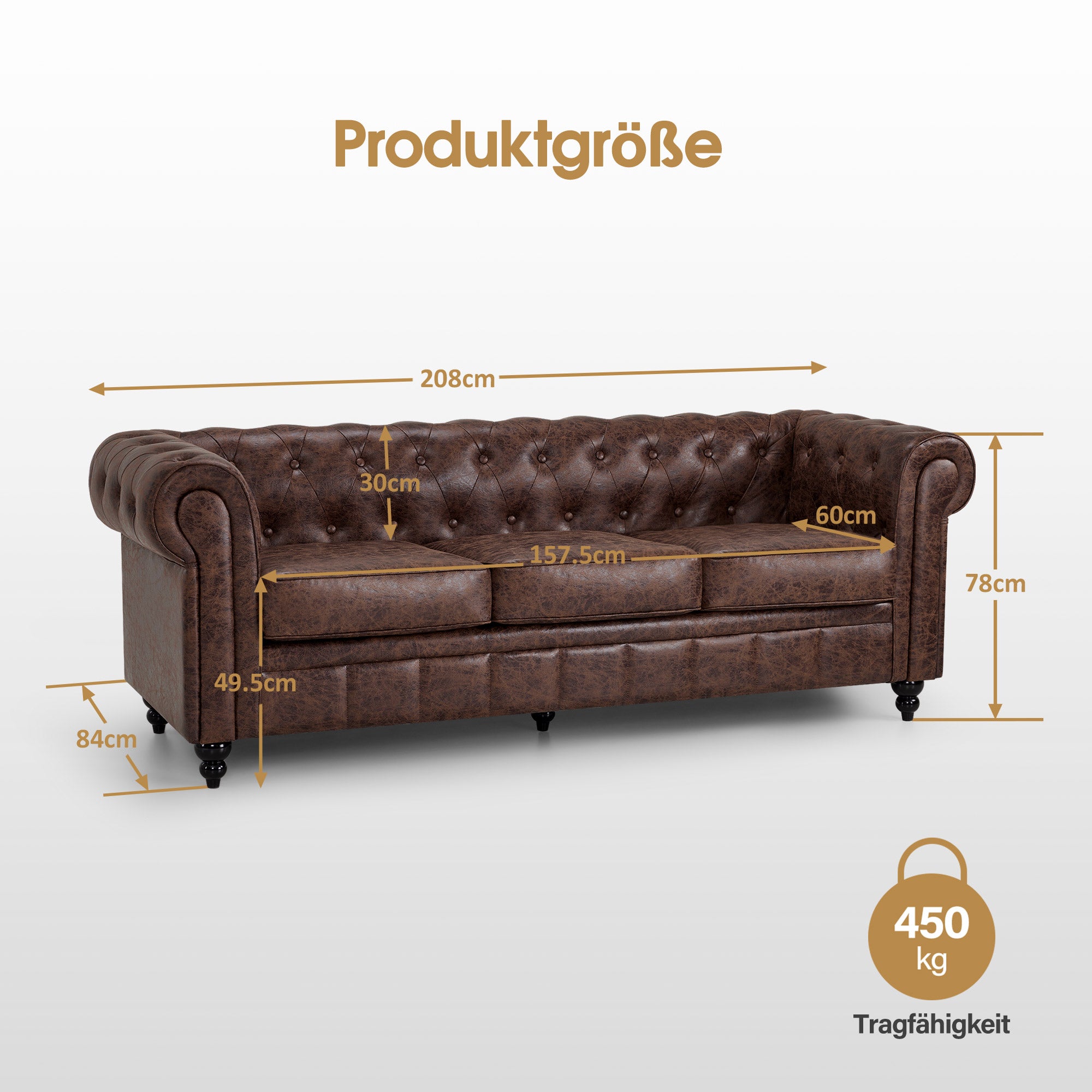 BarberPub Chesterfield Sofa 3-Seater 208cm, Vintage Waiting Bench for Hairdressers, Bench with Backrest & Armrest, 3-Seater Sofa, Classic Salon Furniture W536