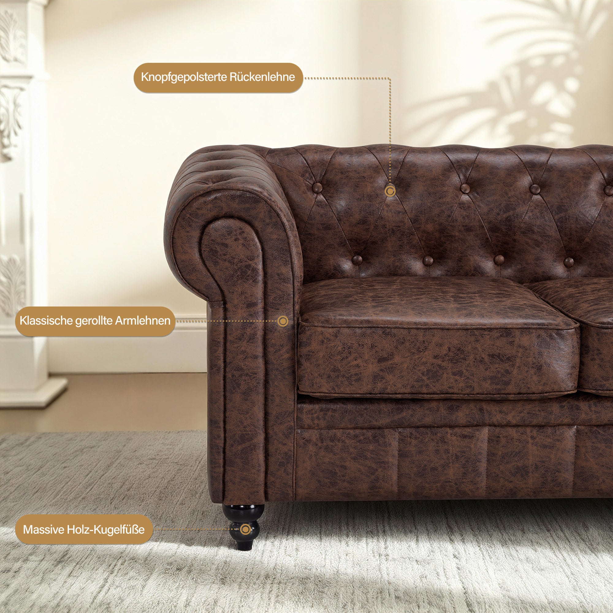 BarberPub Chesterfield Sofa 3-Seater 208cm, Vintage Waiting Bench for Hairdressers, Bench with Backrest & Armrest, 3-Seater Sofa, Classic Salon Furniture W536