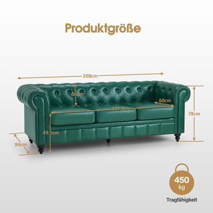 BarberPub Chesterfield Sofa 3-Seater 208cm, Vintage Waiting Bench for Hairdressers, Bench with Backrest & Armrest, 3-Seater Sofa, Classic Salon Furniture W536