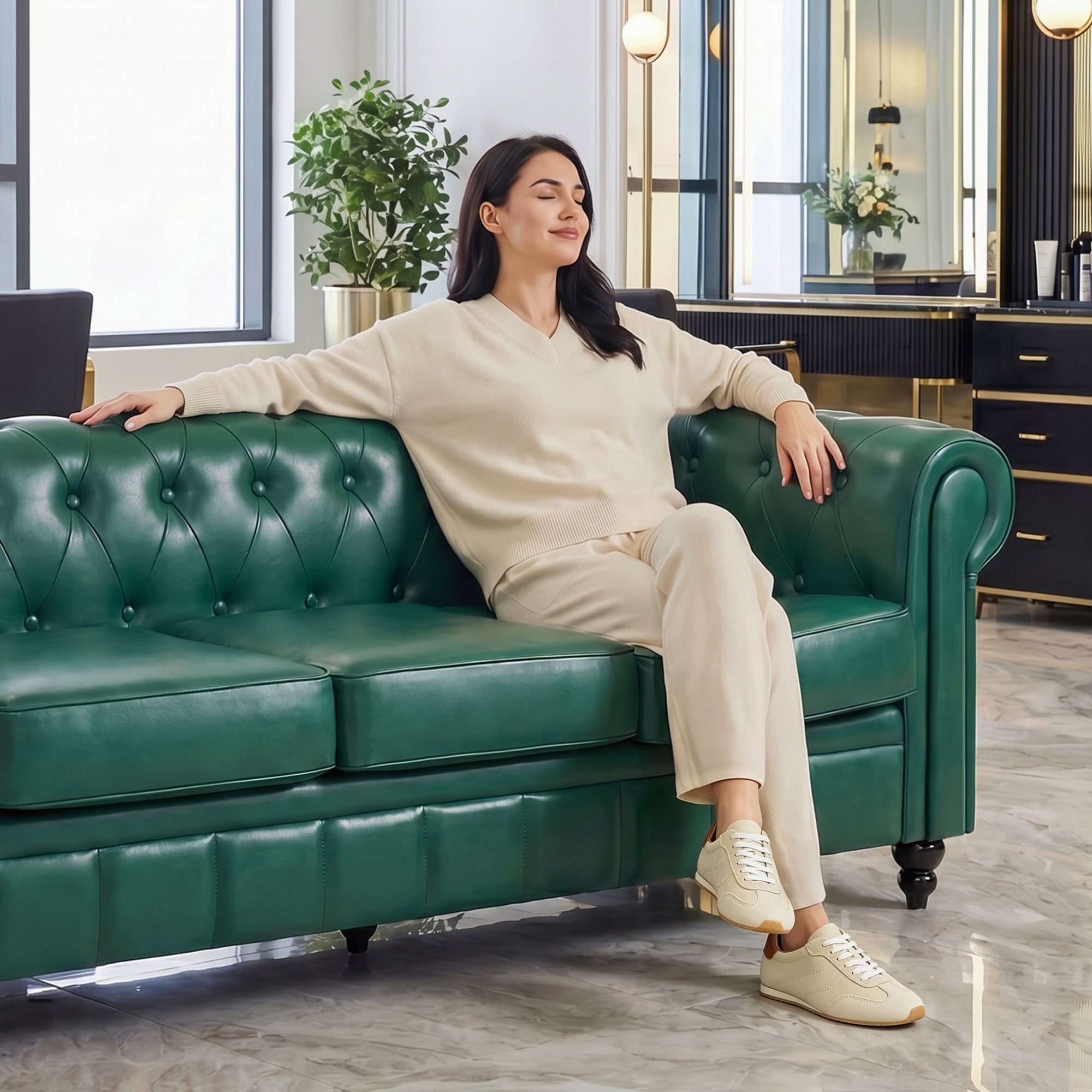 BarberPub Chesterfield Sofa 3-Seater 208cm, Vintage Waiting Bench for Hairdressers, Bench with Backrest & Armrest, 3-Seater Sofa, Classic Salon Furniture W536