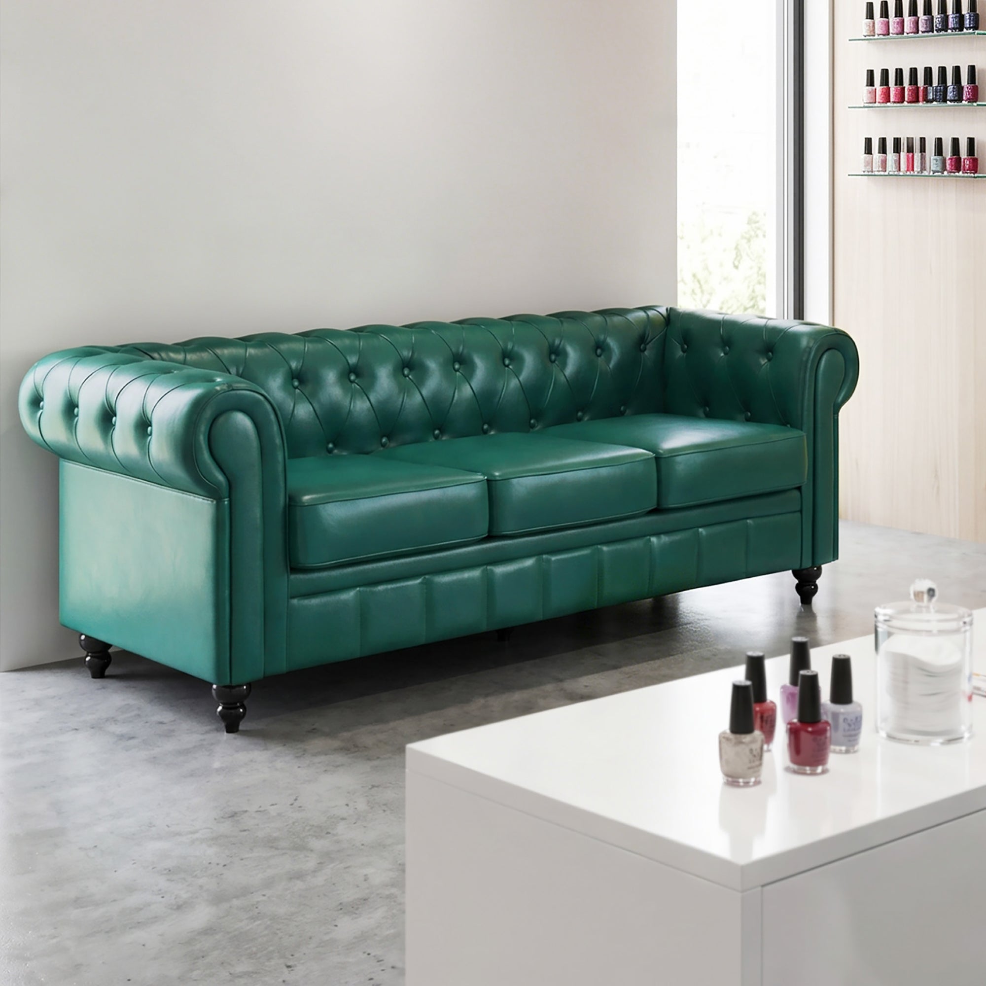 BarberPub Chesterfield Sofa 3-Seater 208cm, Vintage Waiting Bench for Hairdressers, Bench with Backrest & Armrest, 3-Seater Sofa, Classic Salon Furniture W536