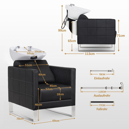 BarberPub Friseurstuhl mit Waschbecken & Edelstahlbasis, Friseurwaschbecken aus Keramik Verstellbar, Friseurwaschsessel für SPA Salon Friseur Waschplatz 8611