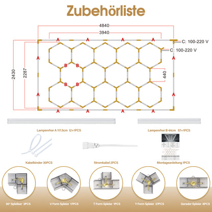 Barberpub Hexagon LED Garage Light, 68970LM 6500K Hexagon LED Beleuchtung für Werkstatt, Friseursalon, 14 Grid