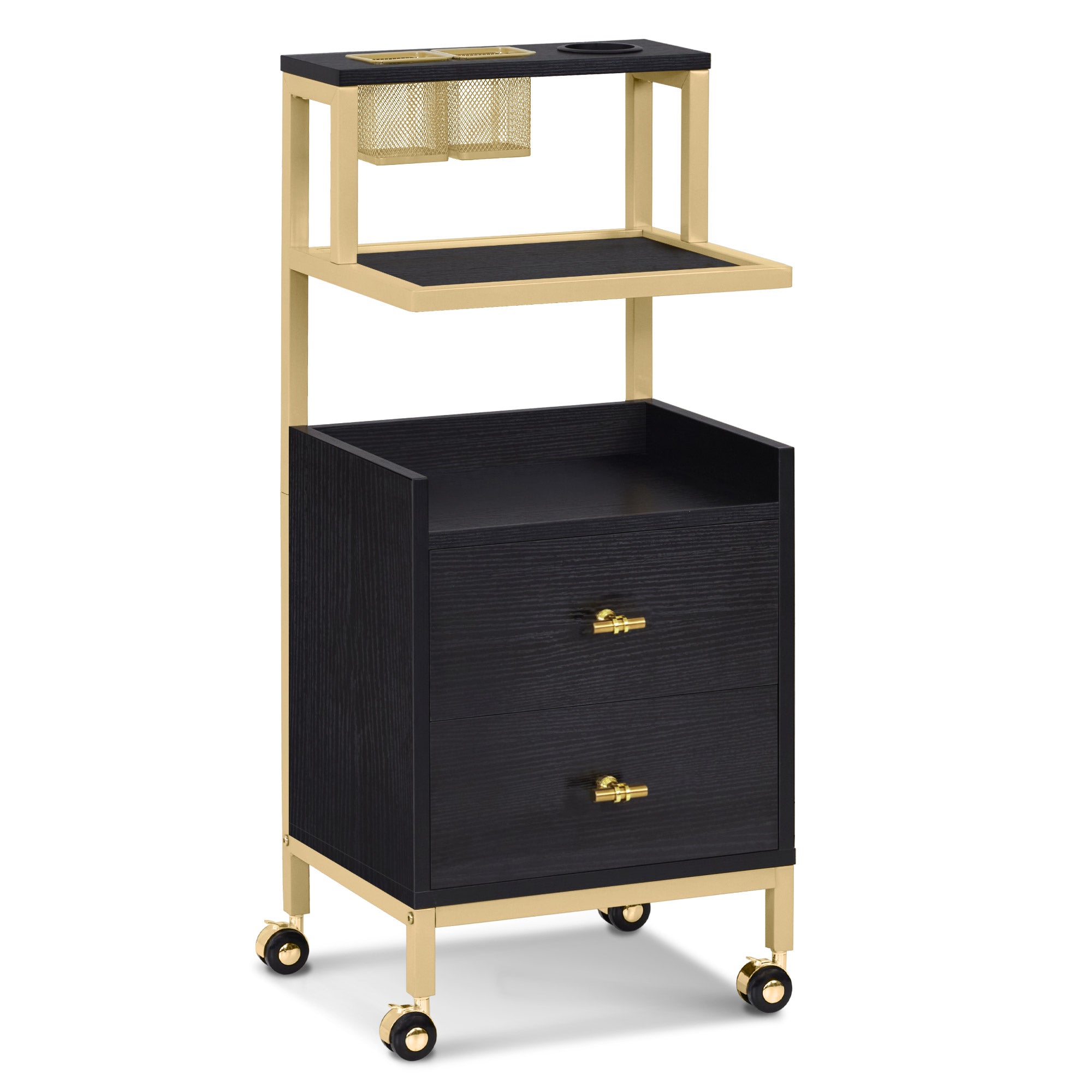BarberPub Friseurwagen mit Rollen & 2 Schubladen, Rollwagen Servierwagen, Salon Trolley mit 2 Ablagen & Föhnhalter, Moderner Arbeitswagen für Bad Wohnzimmer, 32x37x87cm, 0029