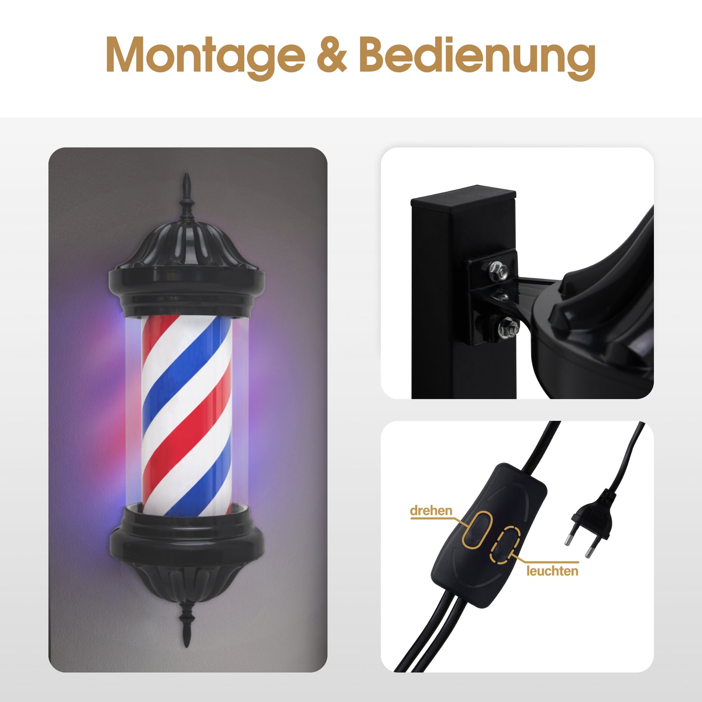 BarberPub Barber Pole Barbierstab, Barbershop Friseurstange mit LED Leucht Salon Einrichtung, Drehbar Stange Friseursalon 70CM Barbier Stange Licht, Energie Sparen L054