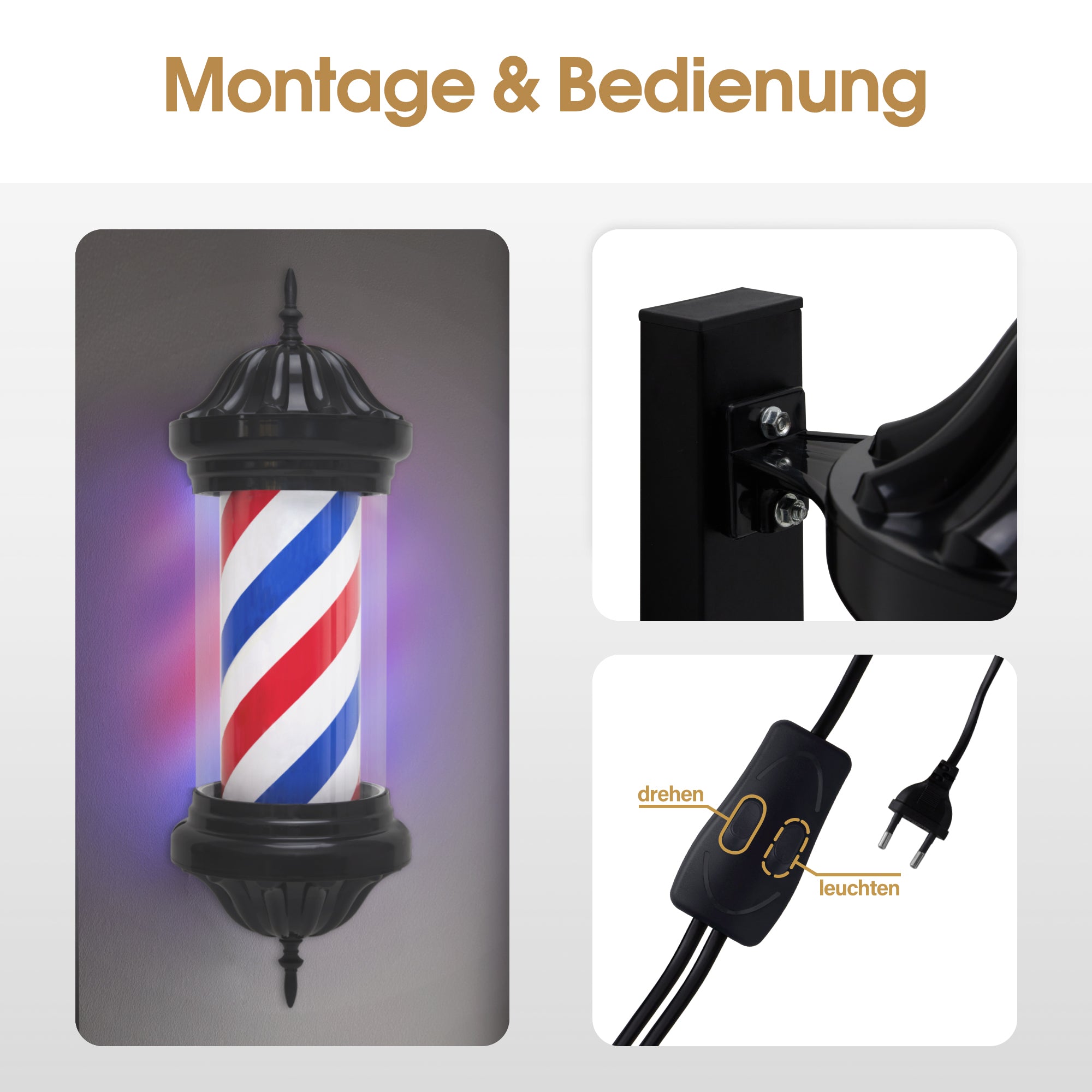BarberPub Barber Pole Barbierstab, Barbershop Friseurstange mit LED Leucht Salon Einrichtung, Drehbar Stange Friseursalon 70CM Barbier Stange Licht, Energie Sparen L054