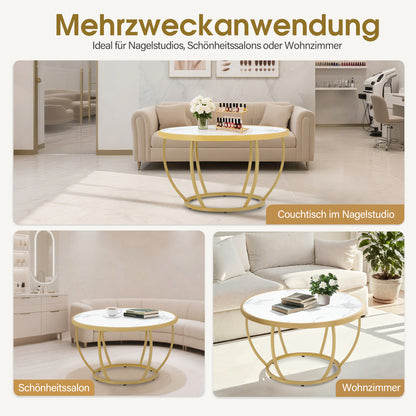 BarberPub Couchtisch Rund Holz, Moderner Sofatisch, Kleiner Beistelltisch Metall, Kaffeetisch für Wohnzimmer, Schönheitssalon, Wohnzimmertisch Marmor-Weiß Gold, 80x80x46,5cm, 2185