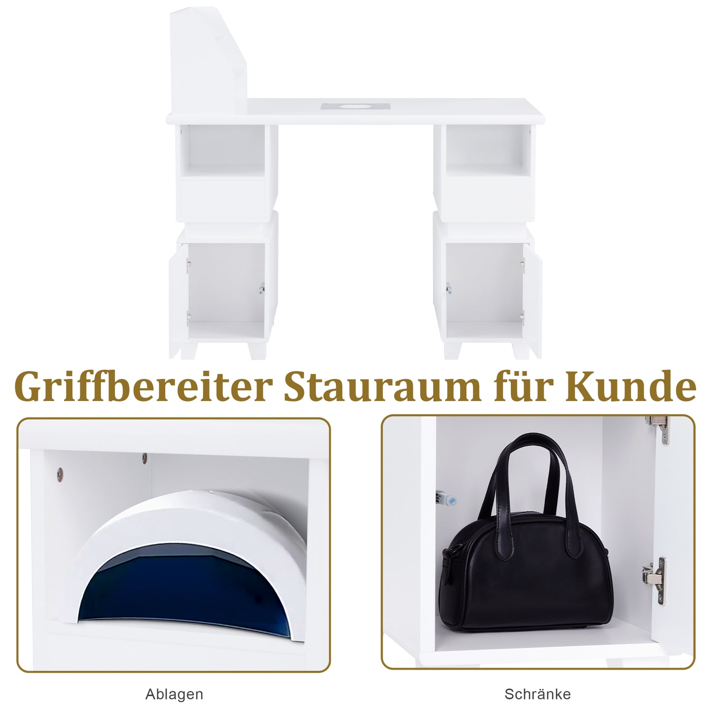 Barberpub Manikürtisch mit 2 Schubladen, Nageltisch mit Absaugung Weiß, Nagelfrisiertisch aus Holz, 4 Schrank, Regal, 2 Staubsaugerbeutel, Schreibtisch für Nagelstudio, 55x120x112,5cm, 2456