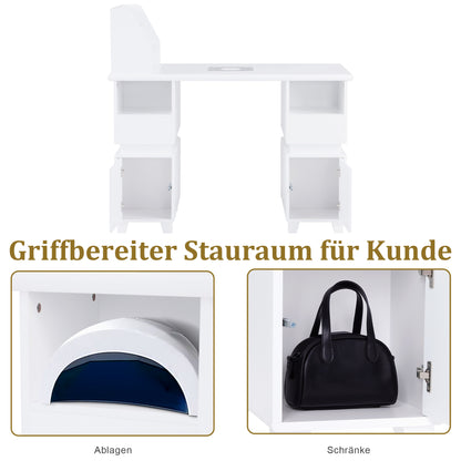 Barberpub Manikürtisch mit 2 Schubladen, Nageltisch mit Absaugung Weiß, Nagelfrisiertisch aus Holz, 4 Schrank, Regal, 2 Staubsaugerbeutel, Schreibtisch für Nagelstudio, 55x120x112,5cm, 2456