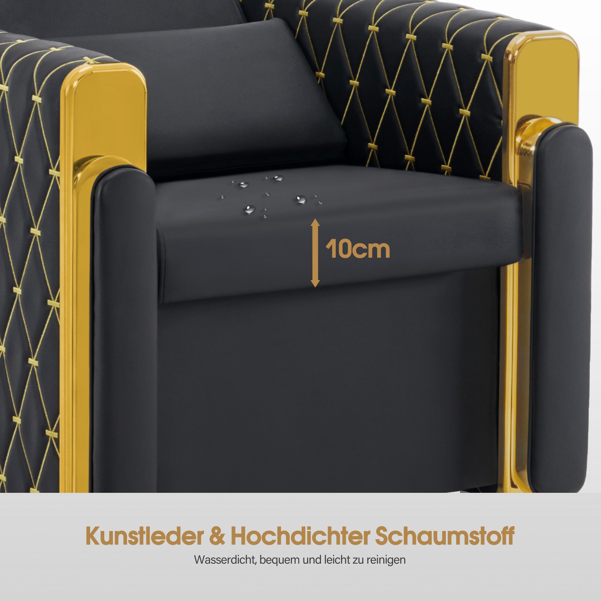 BarberPub Friseurstuhl mit Waschbecken Retro, Friseurwaschbecken aus Keramik Verstellbar, Friseurwaschsessel für SPA Salon, Friseur Waschplatz 8631 (Schwarz-Gold/Kunstleder)