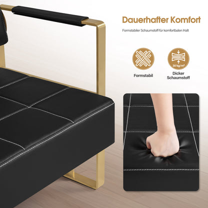 BarberPub 3-Sitzer Sitzbank mit goldenen Armlehne, Polsterbank mit Rückenlehne 140cm, Wartebank Friseur, Wohnzimmerbank, Friseureinrichtung W528 (Schwarz-Gold/Kunstleder)