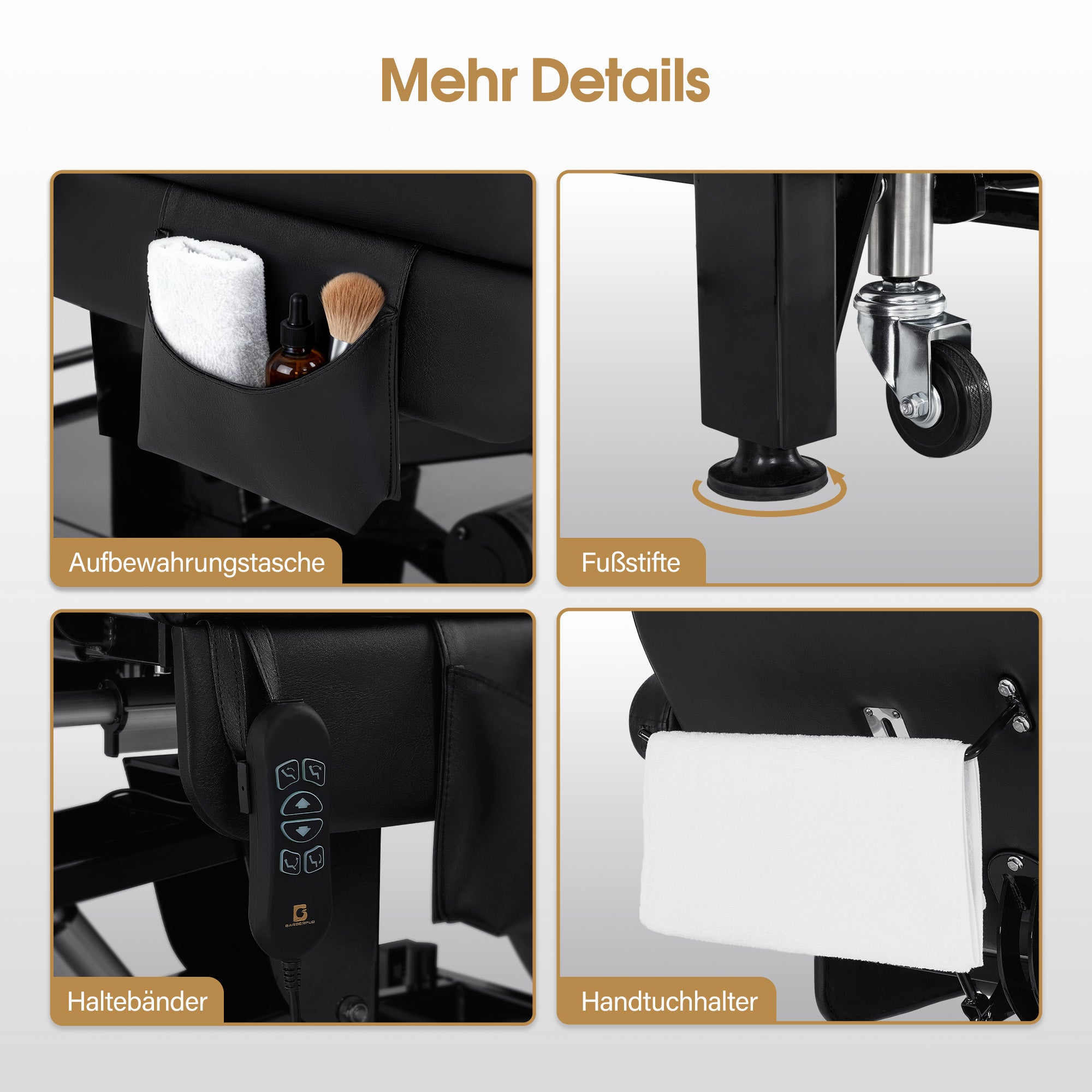 BarberPub Kosmetikliege Elektrisch mit 3 Motoren & Rollen, Massageliege Klappbar & 16CM Höhenverstellbar, 180°Drehbare Armlehnen, Tattoo Liege für SPA Salon 0754