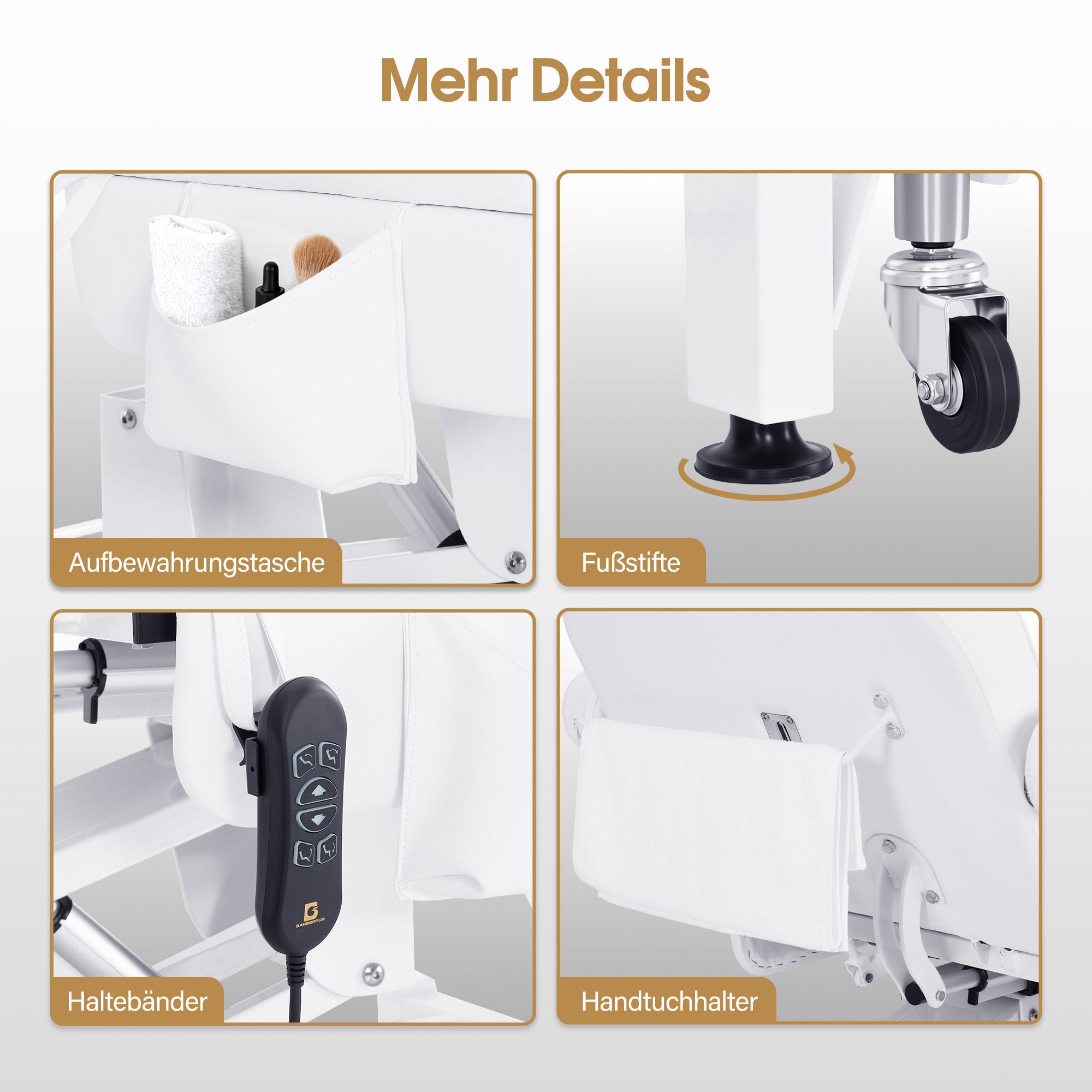 BarberPub Kosmetikliege Elektrisch mit 3 Motoren & Rollen, Massageliege Klappbar & 16CM Höhenverstellbar, 180°Drehbare Armlehnen, Tattoo Liege für SPA Salon 0754