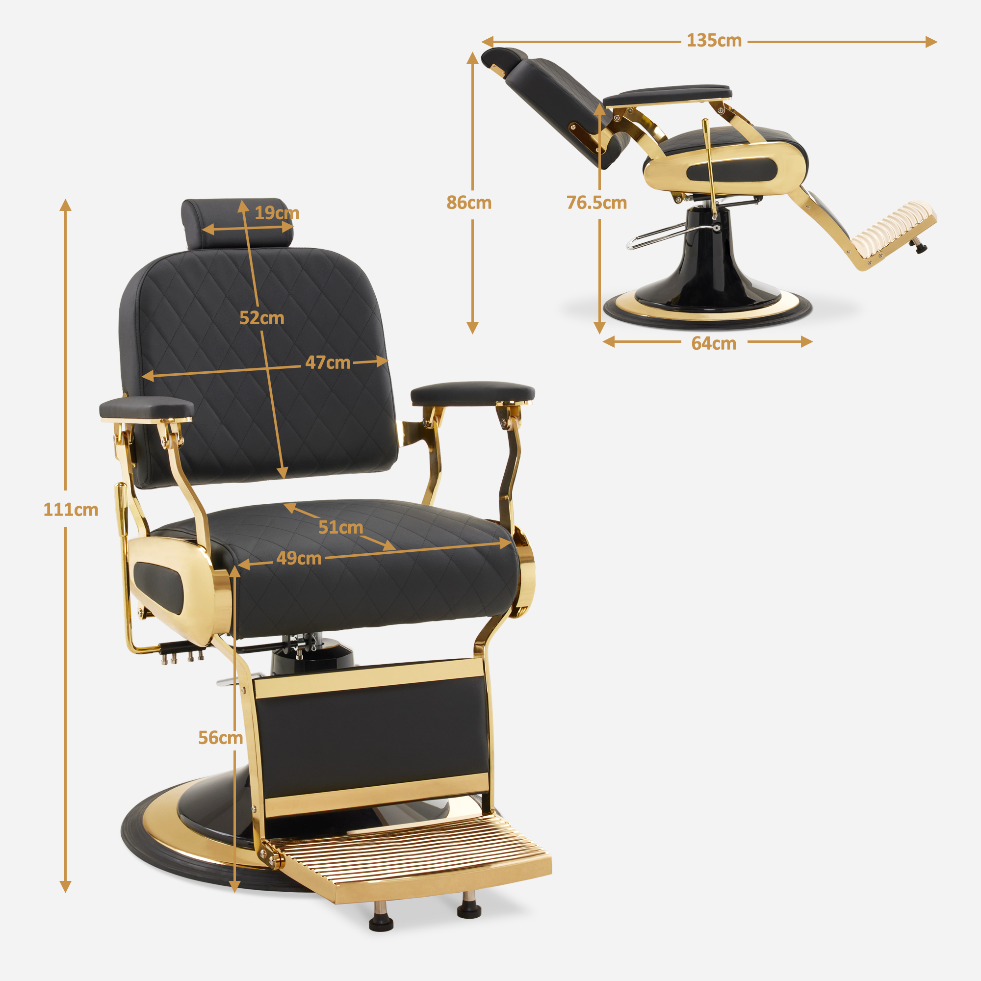 Barberpub Friseurstuhl Kippbar, Friseursessel mit Kopfstütze, 360° Drehbar & Höhenverstellbar, Friseureinrichtung Modern Hydraulisch, Kunstleder, 3855(Gold-Schwarz)