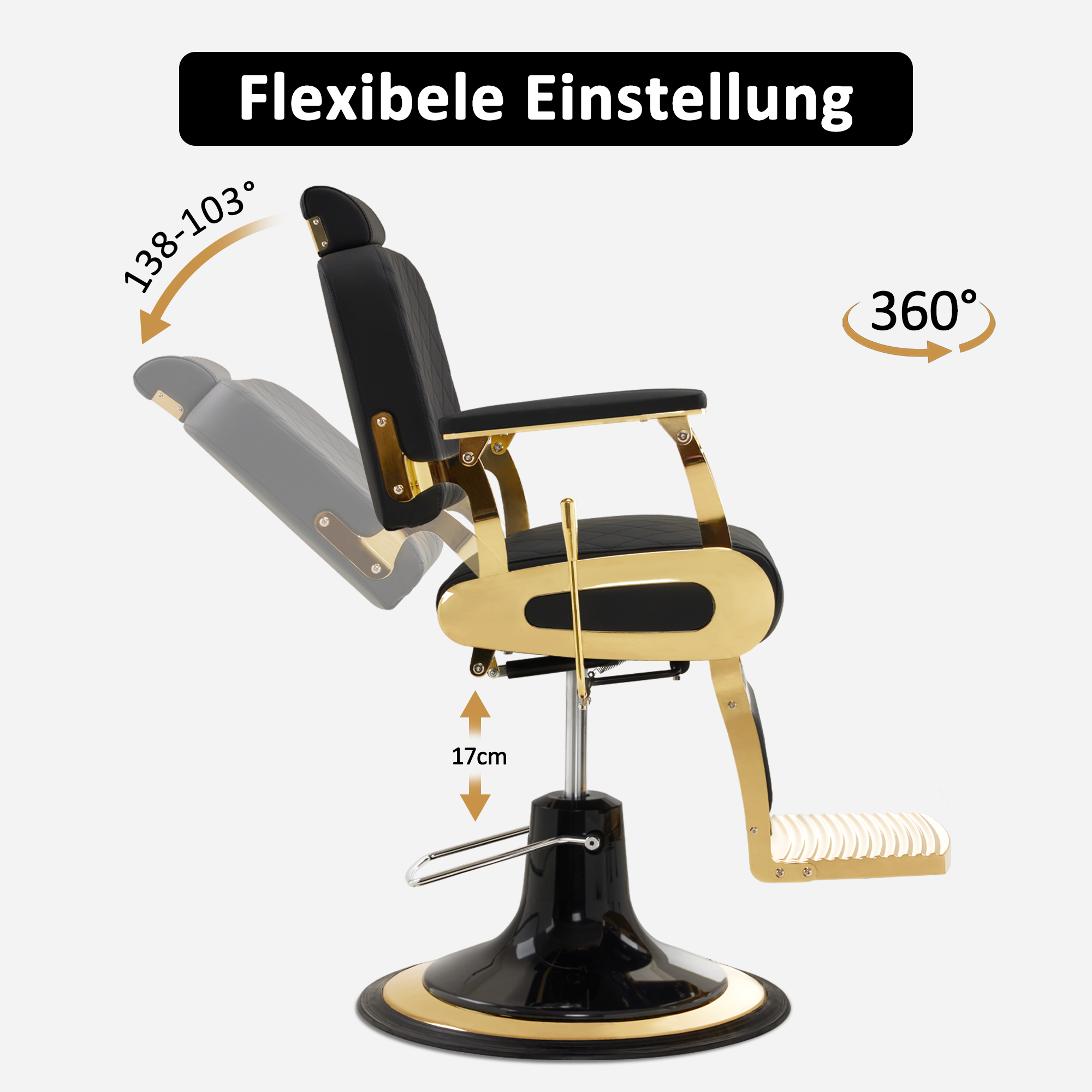 Barberpub Friseurstuhl Kippbar, Friseursessel mit Kopfstütze, 360° Drehbar & Höhenverstellbar, Friseureinrichtung Modern Hydraulisch, Kunstleder, 3855(Gold-Schwarz)