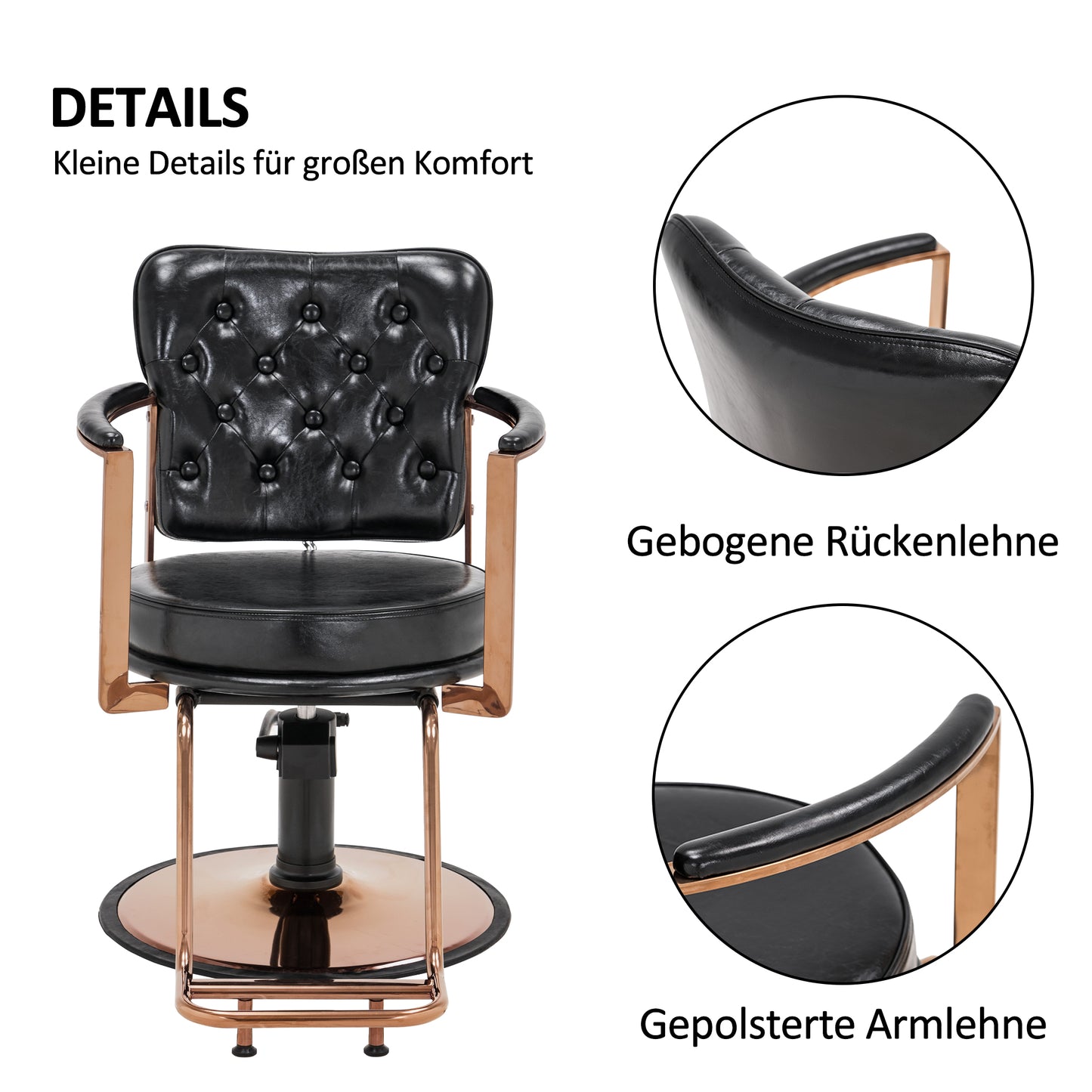 Barberpub Friseurstuhl mit Kopfstütze, Friseursessel Höhenverstellbar Kippbar für Herren Damen, Friseureinrichtung Bedienungsstuhl Zuhause Vintage Retro, Kunstleder, 3076(Schwarz-Roségold)