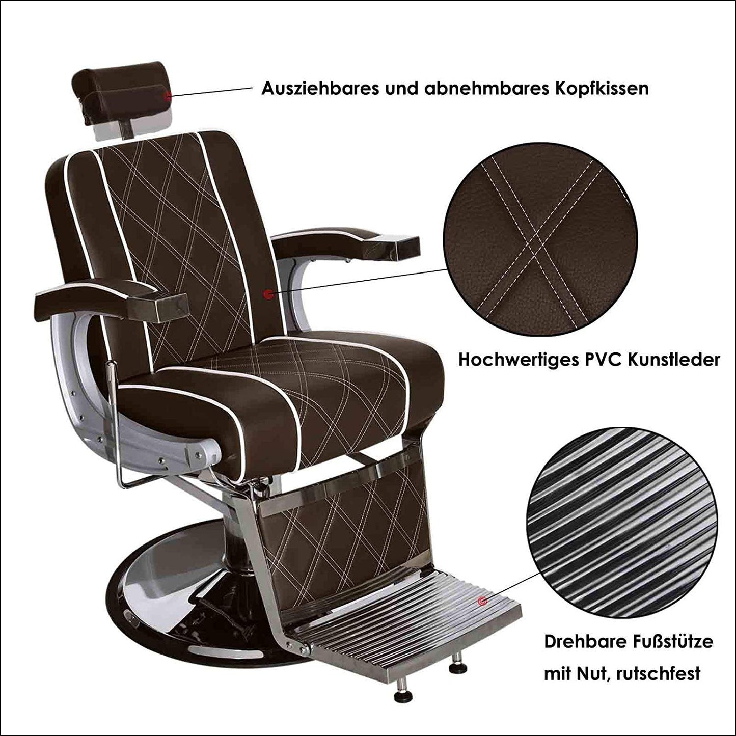 Barberpub hydraulischer Friseurstuhl 3810BR, Friseursessel mit Retro/ Vintage Stil, Bedienungsstuhl Friseureinrichtung Salon SPA 140° Kippbar, Kunstleder, 51 × 48 × 107 cm